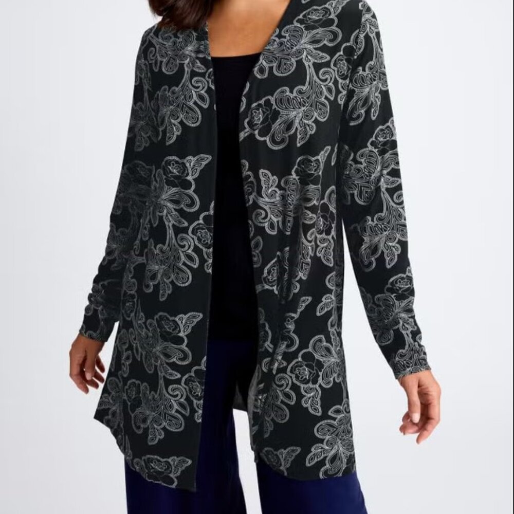 New 2X Black Rose Scroll Floral Print Open Front Knit Cardigan With Side Slits